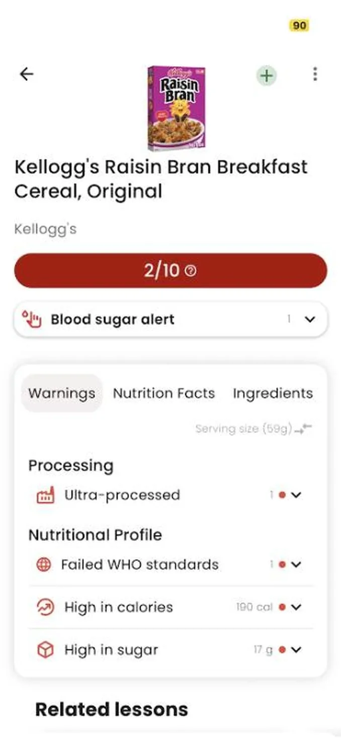 GoCoCo product scanner screen: a scanned breakfast cereal scored 2/10 with a blood sugar alert and its processing warnings.