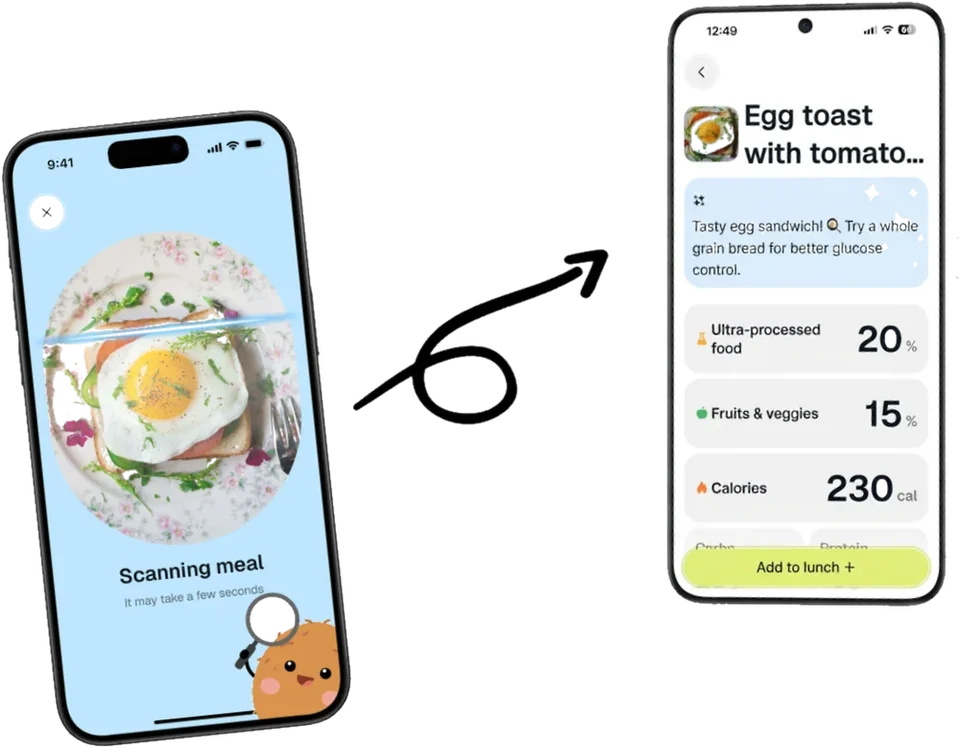 A photographed meal in GoCoCo and the reading it returns: ultra-processed food 20%, fruits and vegetables 15%, 230 calories