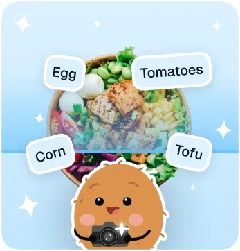 A photographed meal with each food named: egg, tomatoes, corn, tofu