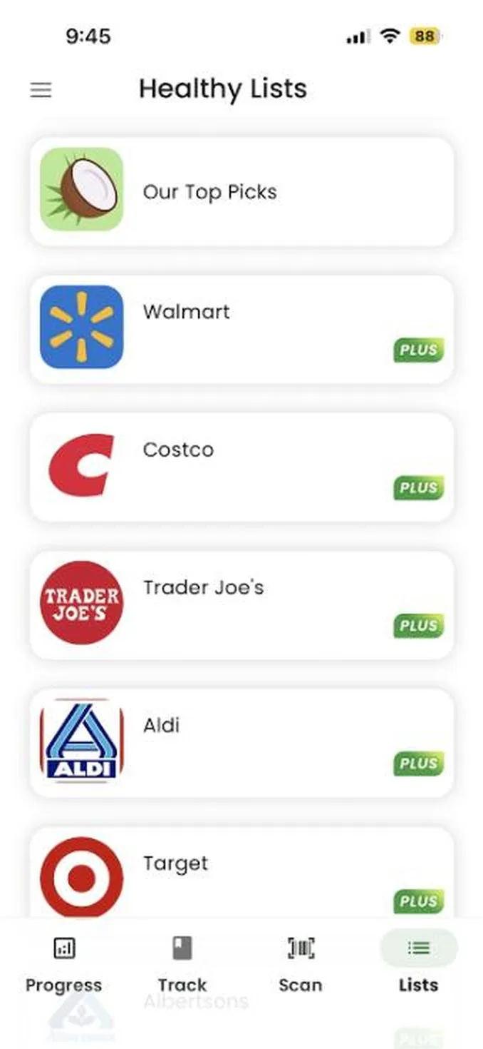 GoCoCo healthy lists screen: curated product lists for Walmart, Costco, Trader Joe's, Aldi and Target.