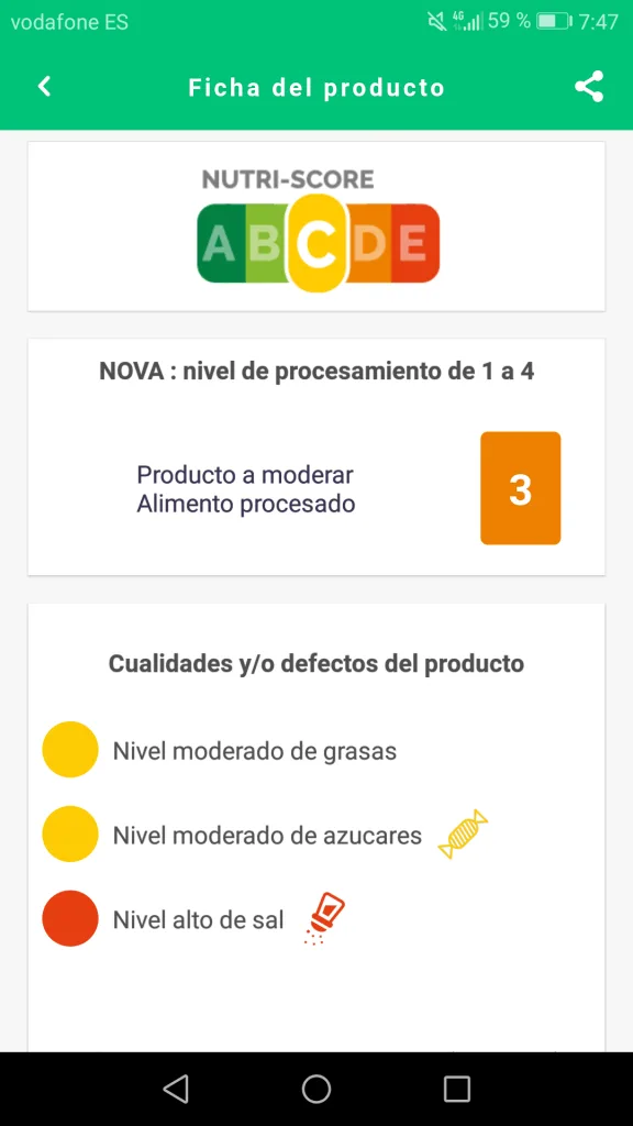 Información diferencial que aporta la app de El CoCo: Nutriscore y grado de procesamiento de un producto 