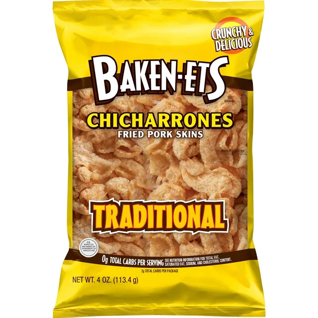 Baken Ets Traditional Chicharrones Fried Pork Skins 4 oz Bag Shelf Stable