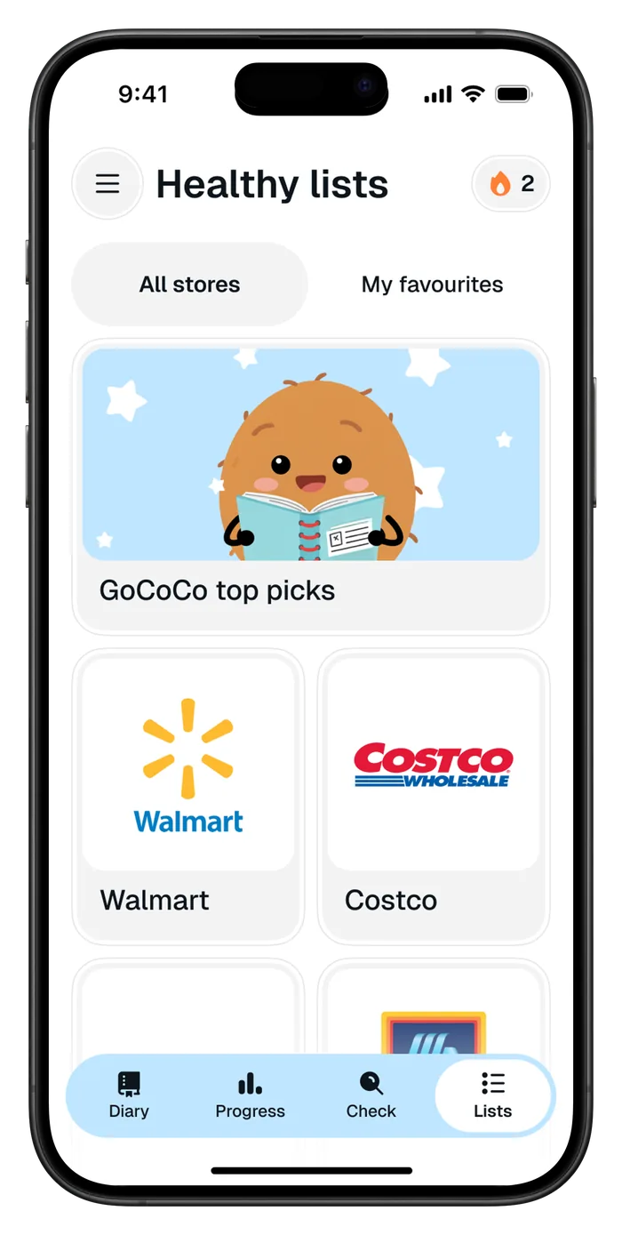 The GoCoCo healthy lists screen: GoCoCo top picks, then a list per store