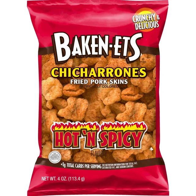 Baken Ets Fried Pork Skins Hot Spicy 4 oz Bag Snack Chips