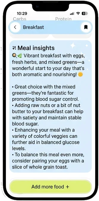 The GoCoCo meal insights screen: a short read of a breakfast and what to change